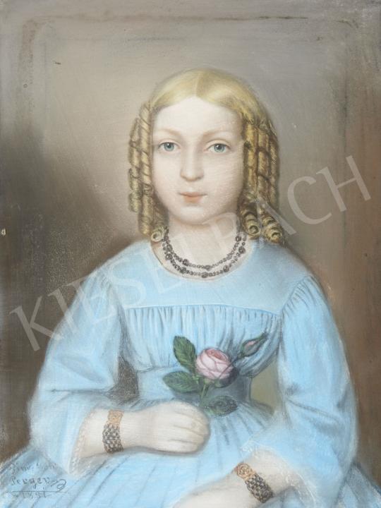 Eladó  Perger jelzéssel - Kékruhás lány rózsával, 1851 festménye