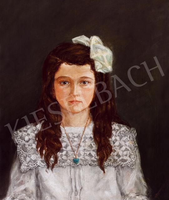 Derkovits Gyula - Fehér ruhás kislány szív alakú türkisz medalionnal  | 53. Őszi Aukció aukció / 185 tétel