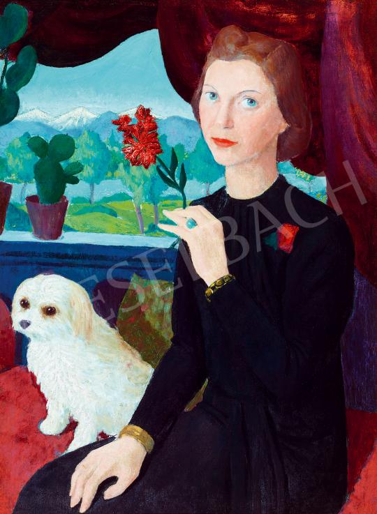  Osztrák vagy német festő, 1930 körül - Lány virággal, kutyával, 1930 körül | 53. Őszi Aukció aukció / 194 tétel