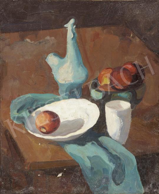 Ismeretlen magyar festő, 20. század közepe - Almás csendélet fehér pohárral festménye