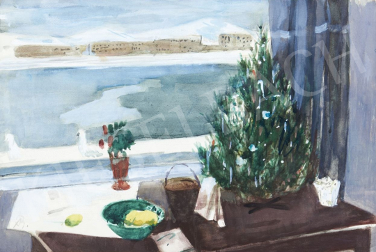  Bernáth Aurél - Karácsonyfás csendélet kilátással festménye
