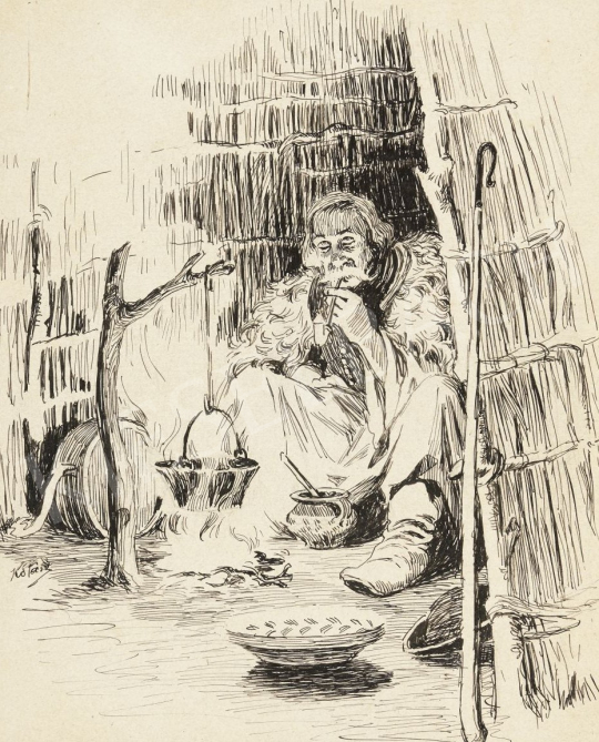 Kotász Károly - Vacsorát főző pásztor festménye