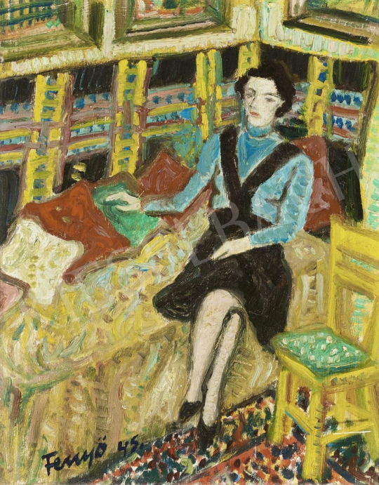  Fenyő Andor - Ágyon ülő fiatal nő, 1945 festménye
