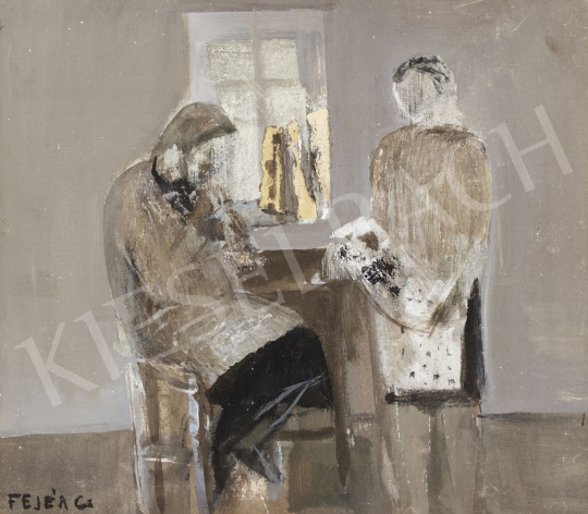  Fejér Csaba - Babát néző nők a szobában festménye