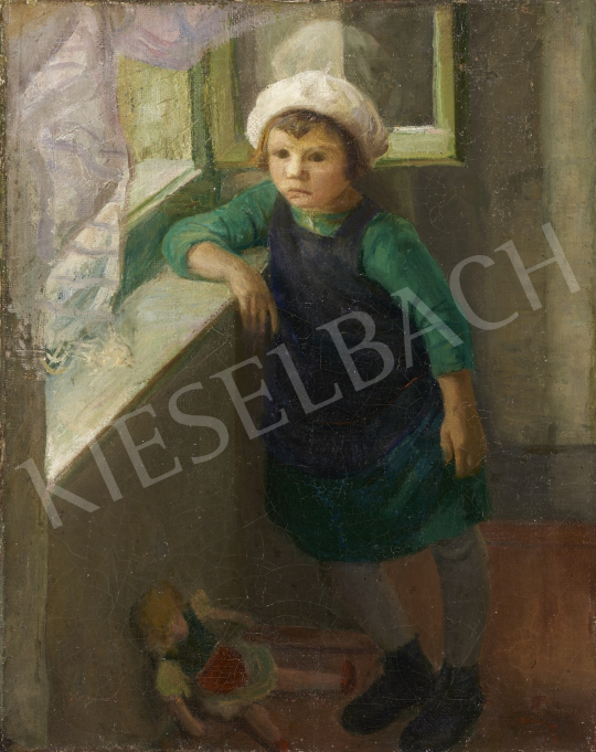  Ismeretlen magyar festő olvashatatlan jelzéssel, 20. század közepe - Ablakban könyöklő kislány festménye