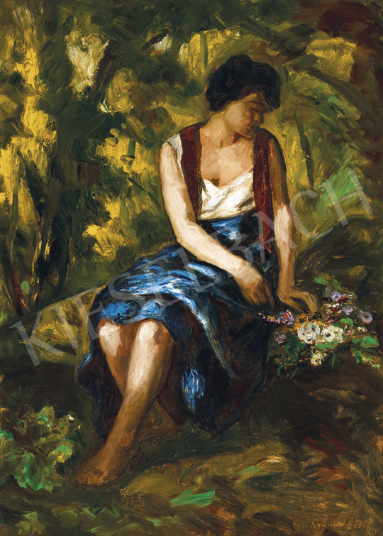  Iványi Grünwald Béla - Lány virágcsokorral (Tisztáson), 1930-as évek | 54. Téli aukció aukció / 81 tétel