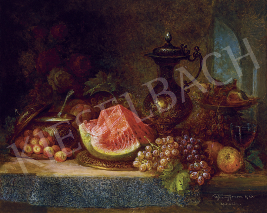 Ujházy Ferenc - Csendélet szőlővel, gyümölcsökkel, boroskancsóval, 1916 | 54. Téli aukció aukció / 134 tétel