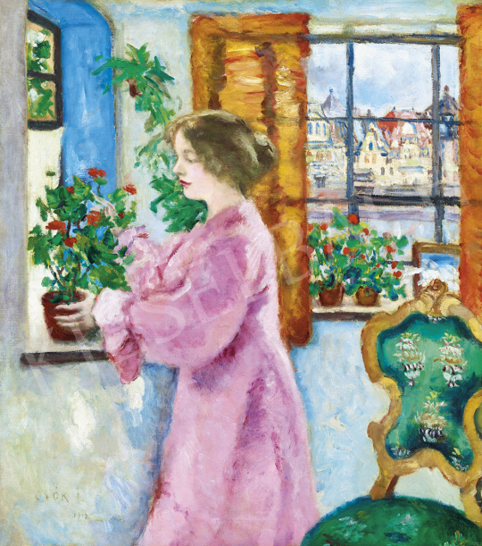  Csók István - Virágos ablaknál (Kilátás a városra), 1917 | 54. Téli aukció aukció / 137 tétel