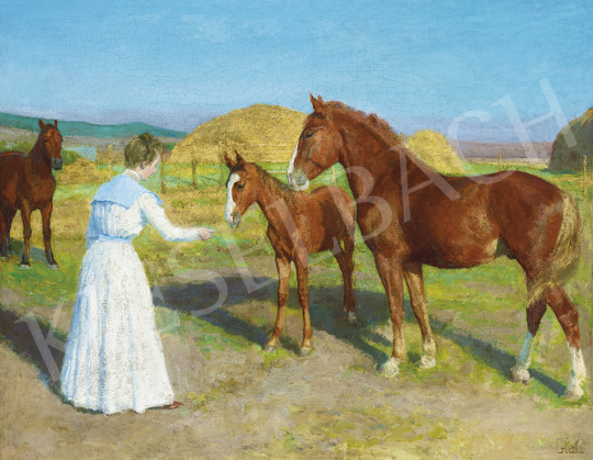  Glatz, Oszkár - Lady in White Dress with Horses, c. 1905 | 54th Winter auction auction / 146 Lot