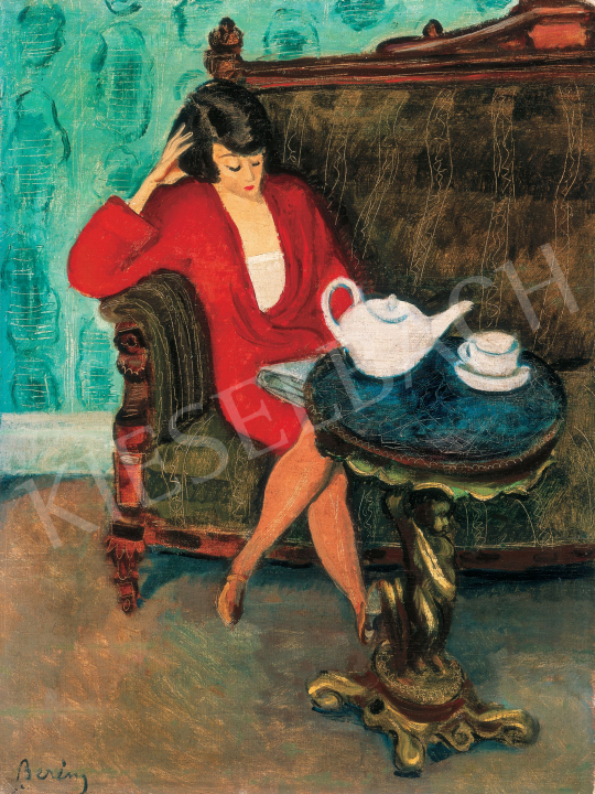 Berény, Róbert - Red-dressed Woman in a Green Room (Breakfast), end of the 1920s painting