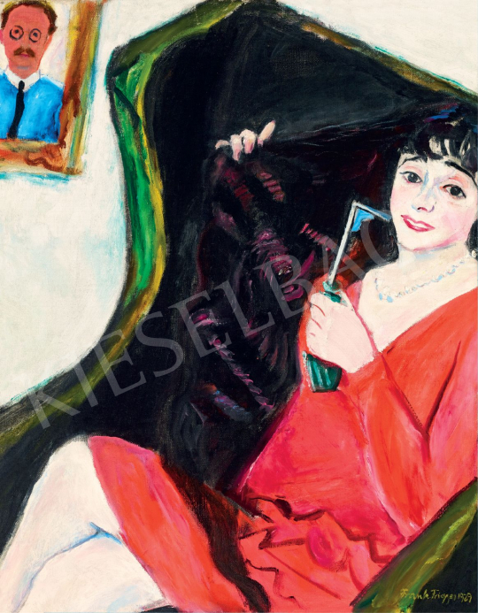  Frank Frigyes - Fotelben ülő vörös ruhás Mimi, 1929 festménye