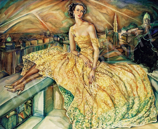  Batthyány Gyula - Előkelő hölgy képmása háttérben az esti Budapesttel festménye