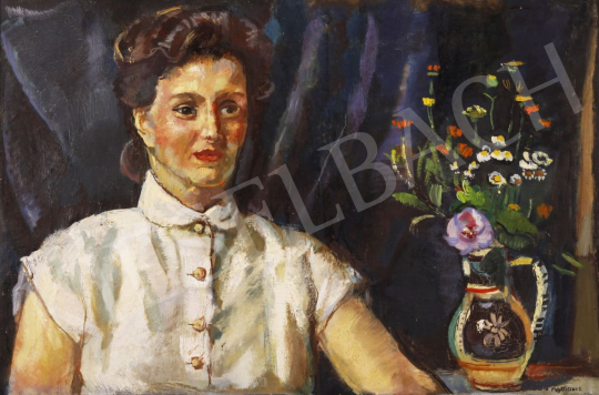 Mattioni, Eszter (Hollósné, Hollós Mattioni E - Lady with a Bouquet of Flowers painting