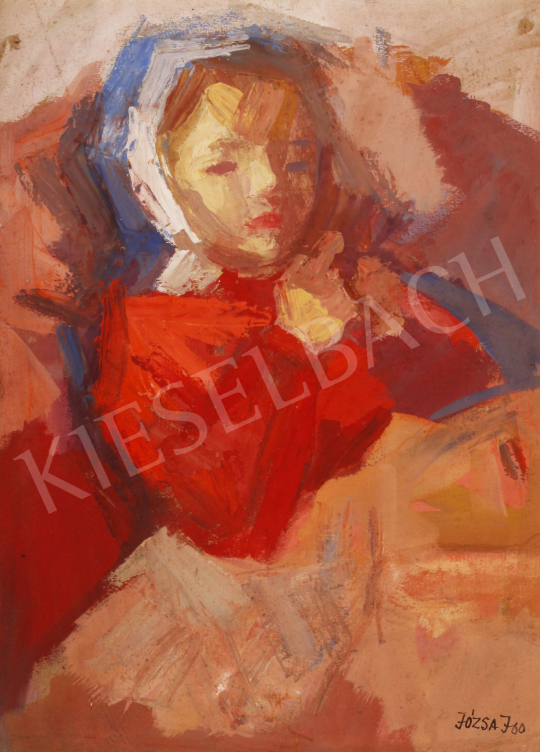 For sale  Józsa, János - Little Girl in Red Skirt and a Blue Kerchief, 1960 's painting