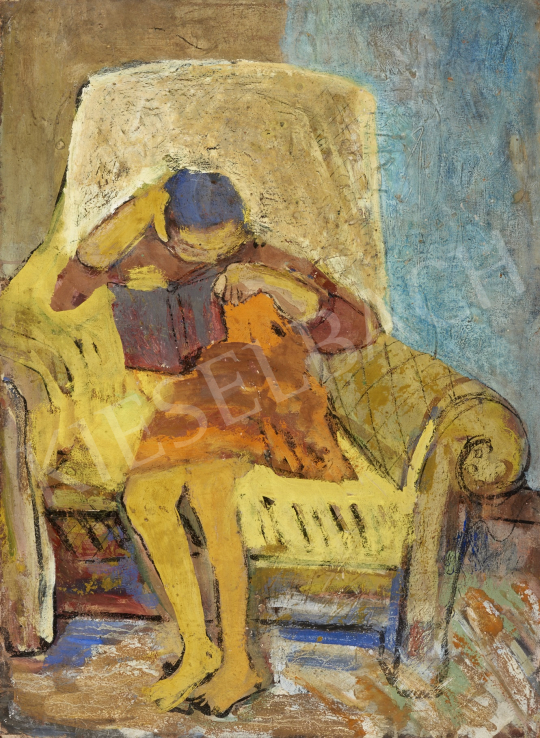 Ismeretlen festő - Sárga fotelben olvasó kislány festménye