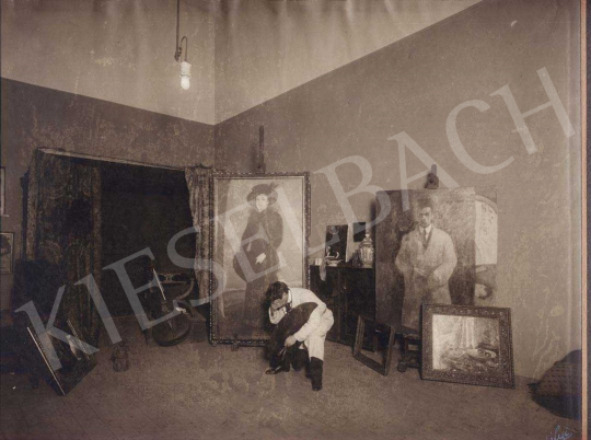  Czigány, Dezső - Dezső Czigány in his studio on Százados Street with his whereabouts unknown pictures, 1912 painting