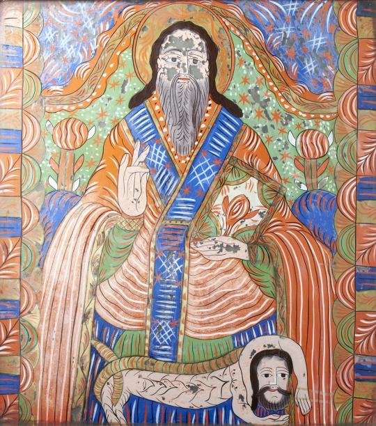 Eladó  Erdélyi ikonfestő, 19. század - Szent Haralambosz, Fogarasi üveg ikon, 19. század festménye