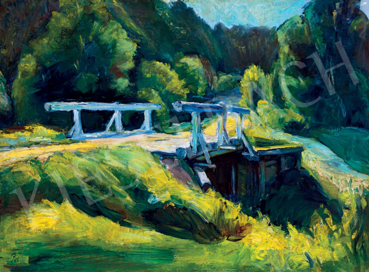  Pór Bertalan - Napsütötte táj híddal, 1910 körül | 55. Tavaszi Aukció aukció / 79 tétel