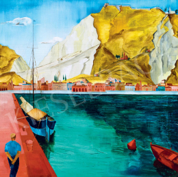 Freytag Zoltán - Olasz kisváros kikötője vitorlással, 1930-as évek 