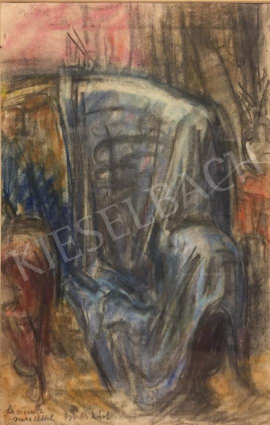 Gráber Margit - Műtermi részlet kék fotellal és drapériával festménye