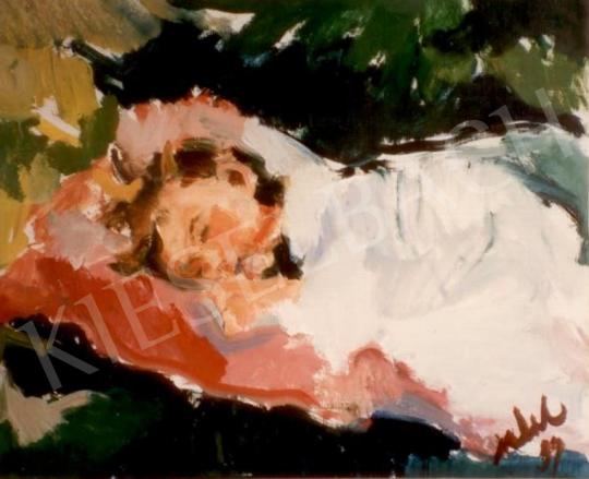  Jeckel Ferenc - Alvó kislány a kertben, 1989 festménye
