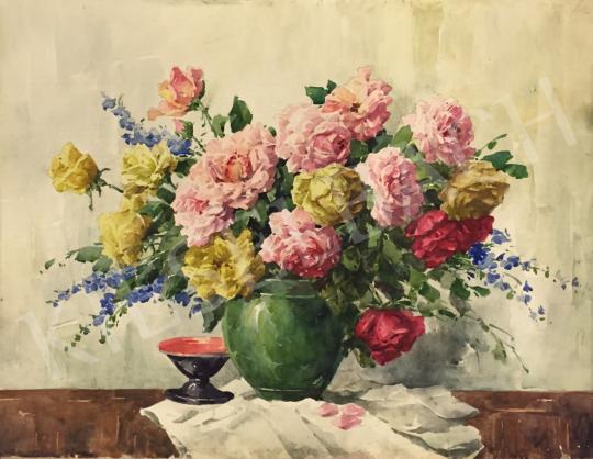 Eladó  Komáromi-Kacz Endréné (Kiss, Sarolta) - Virágcsendélet zöld vázában festménye