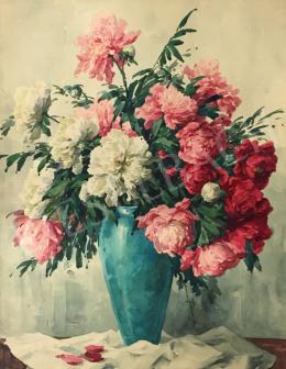  Komáromi-Kacz, Endréné (Kiss, Sarolta) - Peony Roses in a Turquoise Vase 