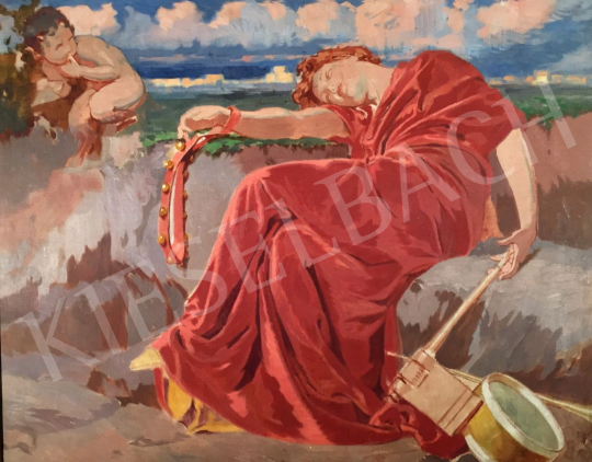  Stein János Gábor - Ülő nő háttérben puttóval festménye