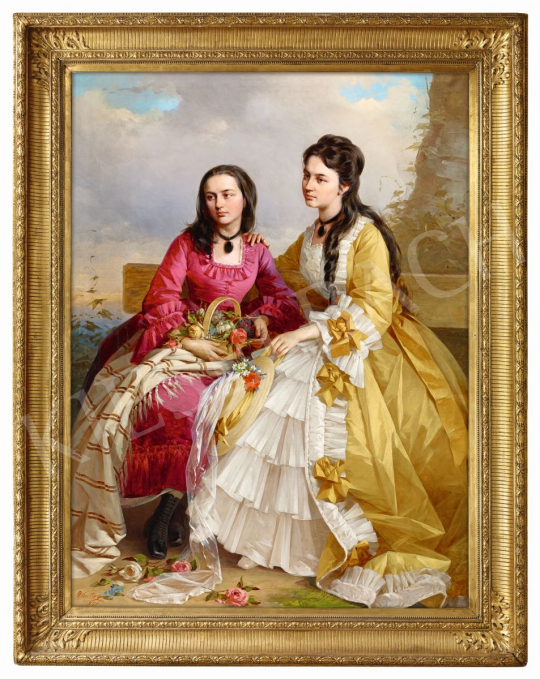 Vastagh György - Fiatal lányok rózsakosárral, atlaszselyem ruhában (Szerelemre vágyódva), 1871 | 56. Őszi Aukció aukció / 225 tétel