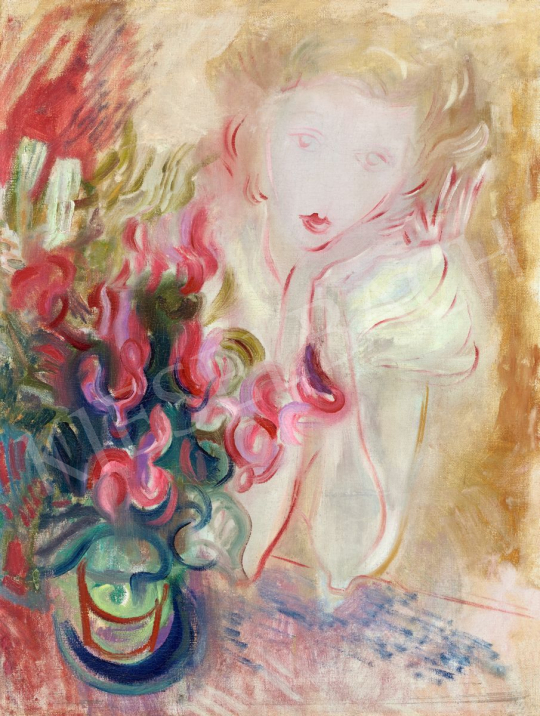  Hincz Gyula - Álmodózó lány (Szőke nő ciklámennel), 1940 körül | 56. Őszi Aukció aukció / 101 tétel