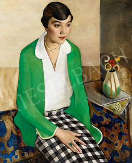  Félegyházi, László - The Checkerd Skirt (Art deco Portrait with a Zsolnay Vase), 1924 