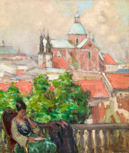  Vaszary János - Mediterrán táj balkonon olvasó zöld ruhás nővel, 1905 körül 