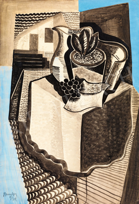  Bene Géza - Art deco csendélet szőlővel, kancsóval, mintás terítővel, 1931 | 57. Téli Aukció aukció / 69 tétel