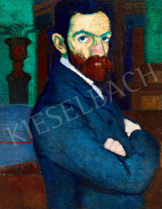Ziffer Sándor - Önarckép zöld falú nagybányai műteremben festőállvánnyal, 1907 körül | 57. Téli Aukció aukció / 106 tétel