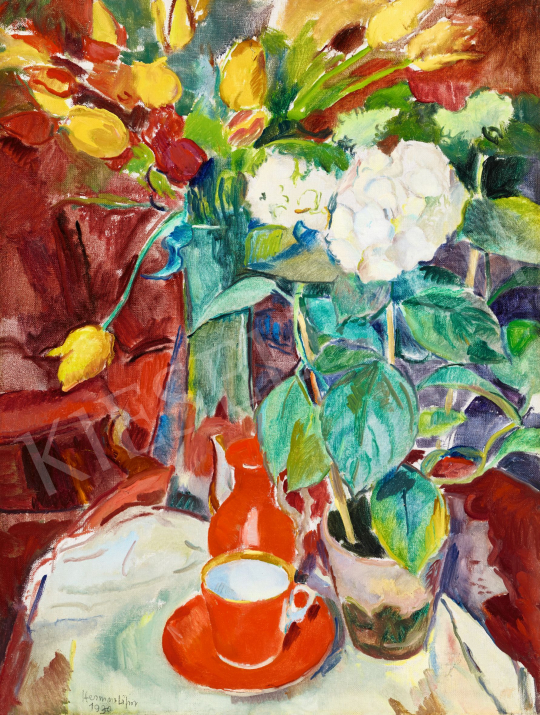  Herman Lipót - Virágcsendélet tulipánnal, fehér hortenziával, piros kávéscsészével, 1930 | 57. Téli Aukció aukció / 147 tétel