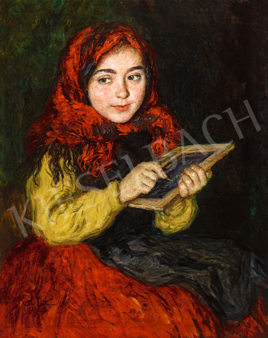  Glatz Oszkár - Kislány palatáblával, 1922 | 57. Téli Aukció aukció / 206 tétel