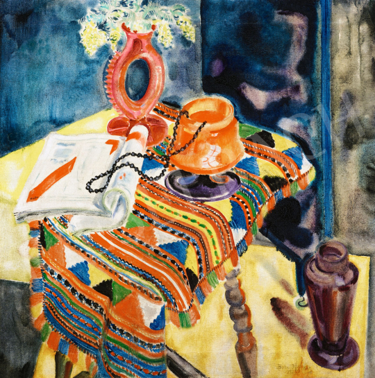 Biai-Föglein István - Műtermi csendélet narancssárga-lila art deco vázával (Loetz vázával), 1928 | 57. Téli Aukció aukció / 114 tétel