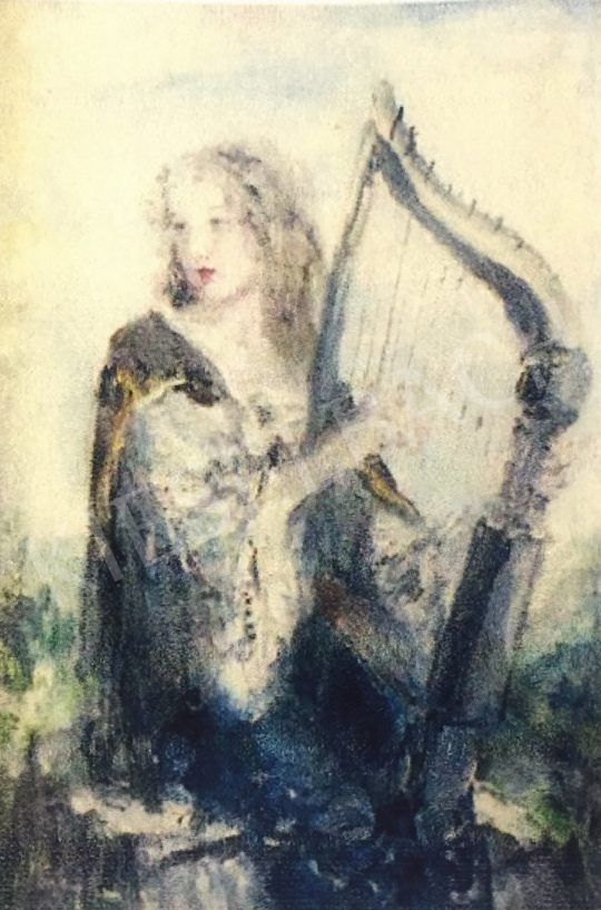 Náray Aurél - Lány hárfával festménye