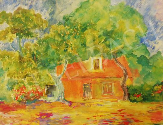 Eladó  Ismeretlen festő Major jelzéssel - Rálátásos tájkép házzal és fákkal festménye
