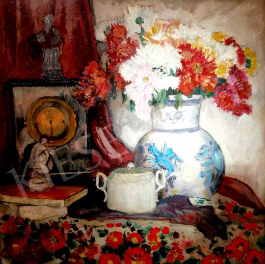 For sale Unknown painter - Table Still-Life with Fireplace Clock and Bonbonier 's painting