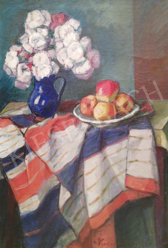 Kádár, Géza - Table Still-Life with Colorful Tablecloth and Apples painting