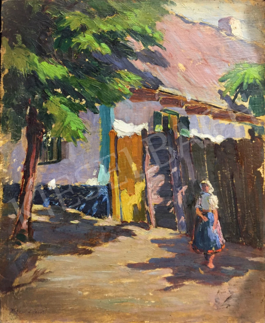 Eladó Ismeretlen festő - Utcán sétáló fiatal nő népviseletben festménye