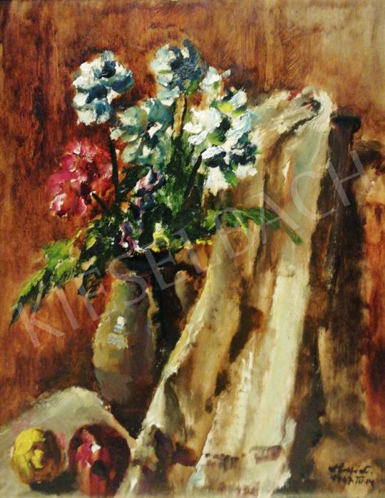  Holló László - Műtermi csendélet almával és virággal festménye