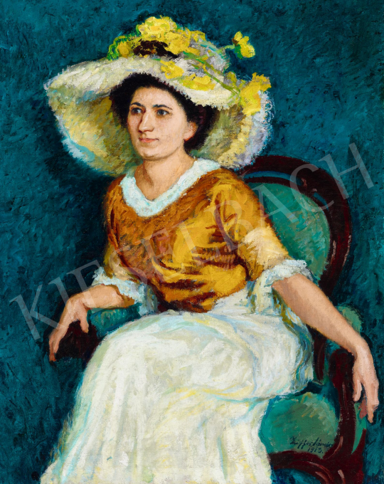 Ziffer Sándor - Hölgy virágos kalapban kék szobában, 1913 | 58. Tavaszi Aukció aukció / 188 tétel