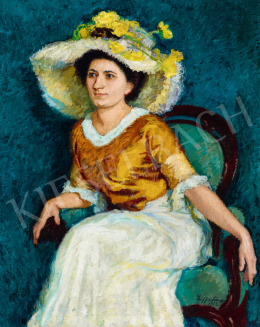 Ziffer Sándor - Hölgy virágos kalapban kék szobában, 1913 