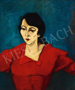 Tihanyi Lajos - Vörös ruhás nő zöld háttérben (Mrs. Karl portréja), 1929 