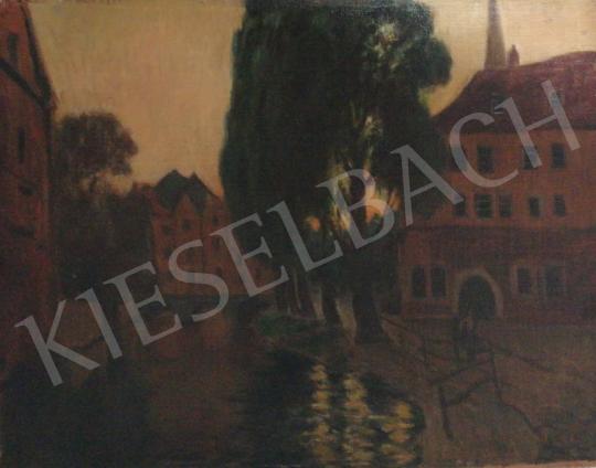 Gimes Lajos - Városkép folyóval ás fasorral festménye