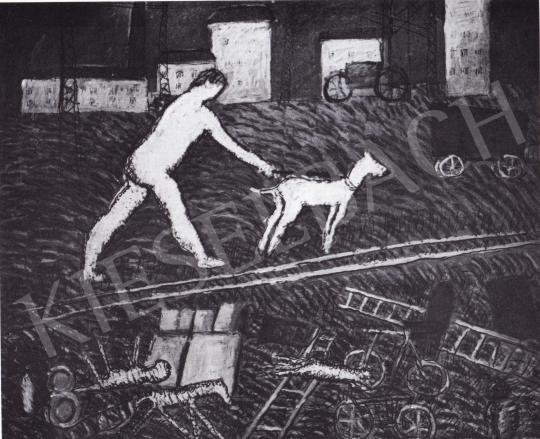  Román György - Női akt kutyával, 1977 festménye