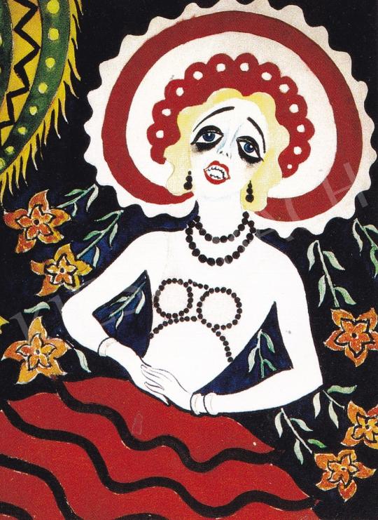  Csapek Károly - Nő virágos hátérrel, 1930 k. festménye