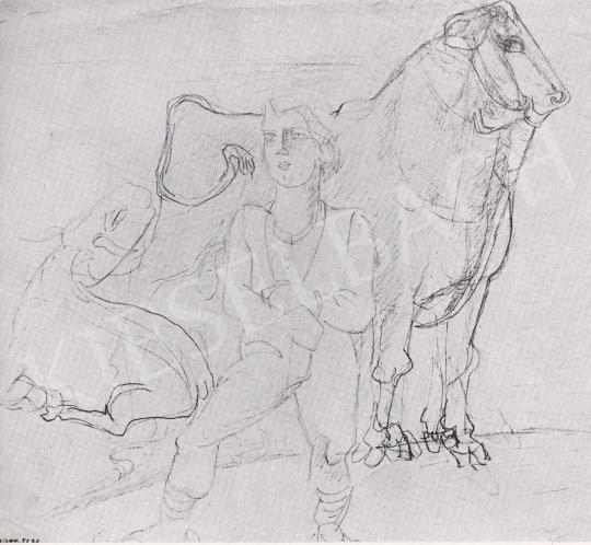  Pór, Bertalan - Shepherd with Bull, 1930's painting